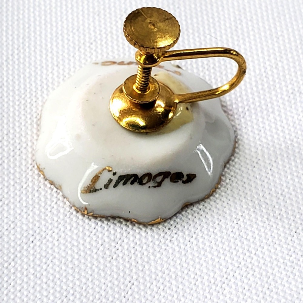 VTG Limoges France Porcelain Screw-Back Earrings Hand Painted Gilt Floral Design - Picture 5 of 7
